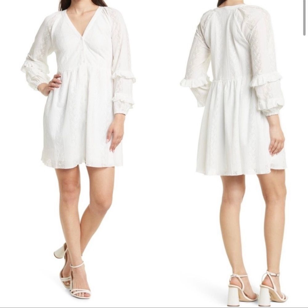 NEW WALTER BAKER white Haven lace babydoll long sleeve button front mini dress S